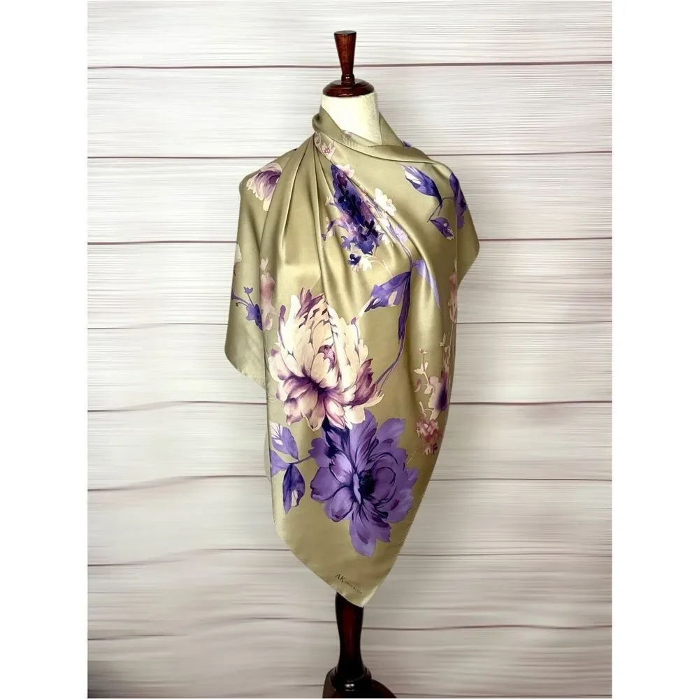 Anne Klein Silk Scarf Light Olive Green Purple Floral Print Square 31x31